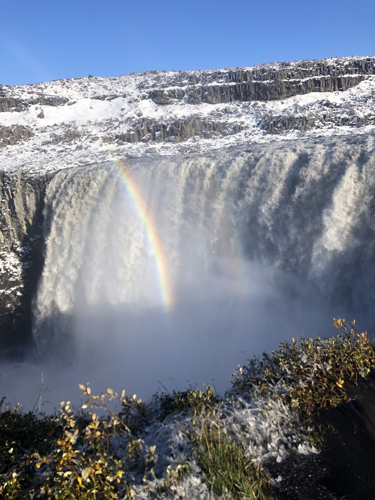 Beim Näherkommen sehen wir über den gigantischen Wassermassen sogar mehrere Regenbögen Dettifoss, Island