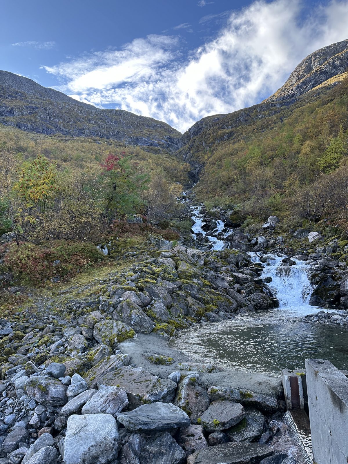 Nach einem kurzen Spaziergang erreicht man einen kleinen Wasserfall Mini Norwegen-Roadtrip für Familien