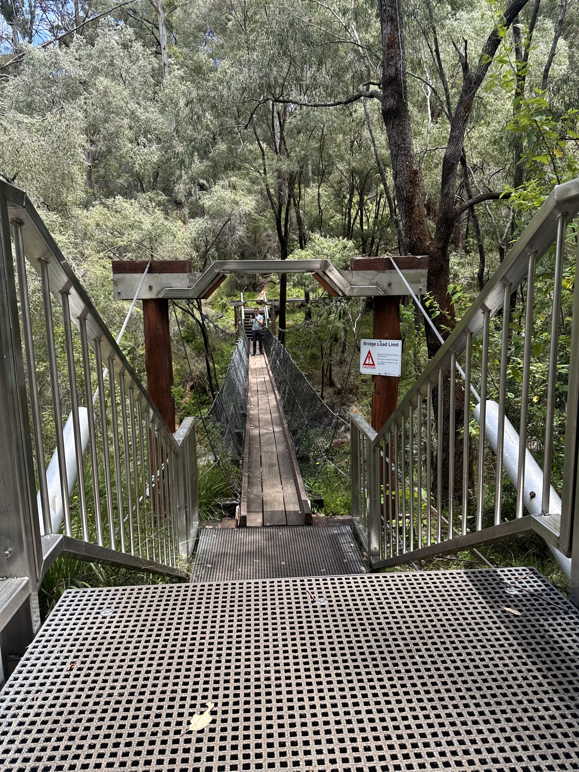 Die Hängebrücke an den Beedelup Falls trägt max. 5 Personen, weil sie so schwankt