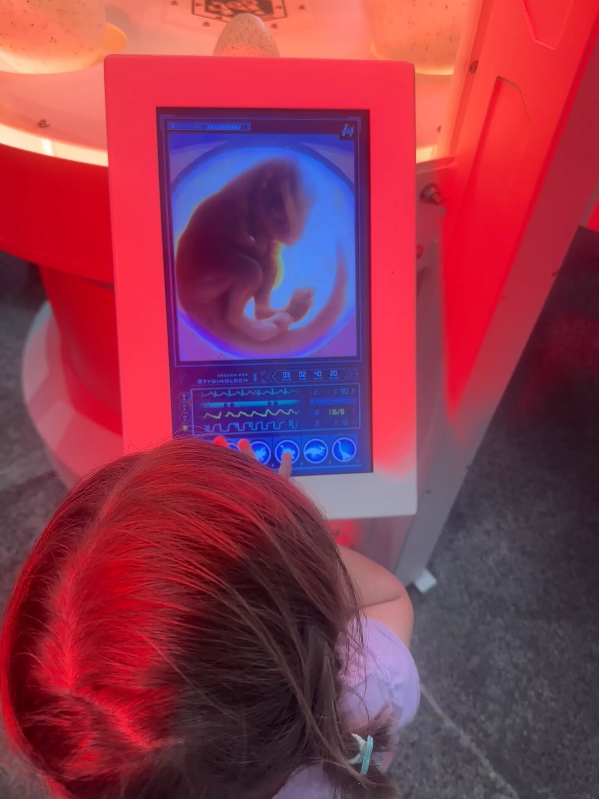 Ava schaut sich den Inhalt verschiedener Dino-Eier an