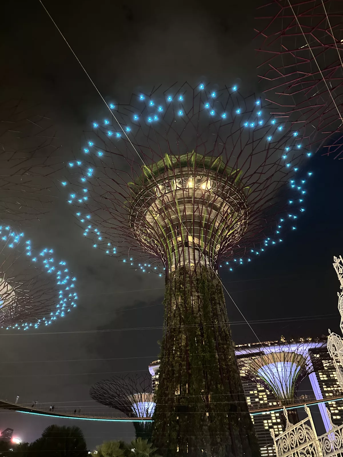 Oben im Skytree befindet sich eine Aussichtsplattform Die Light Show in den Gardens of the Bay Singapur findet jeden Abend 2x statt