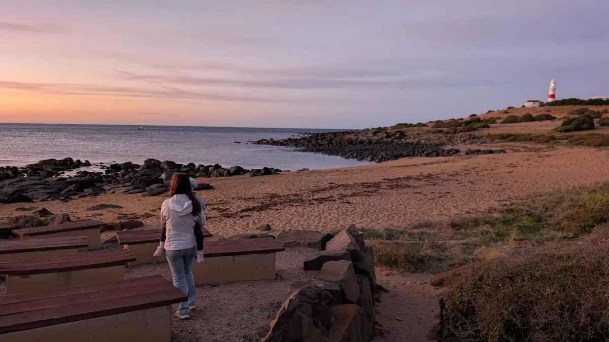 Hier haben wir bis zur Dunkelheit auf die Pinguine gewartet Auf den Bänken haben wir bis zur Dunkelheit auf die Pinguine gewartet