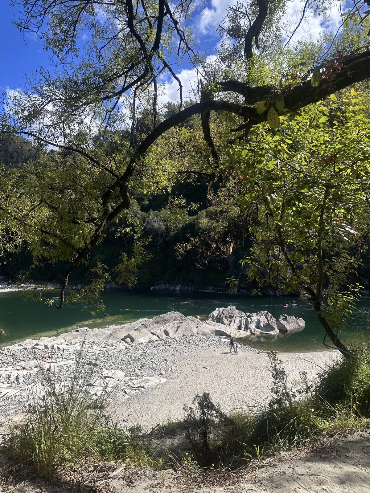 Oli und Ava am Flussbett des Buller Gorge Rivers