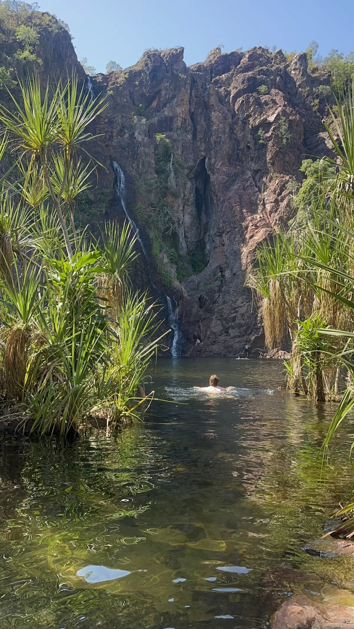Oli ist bis zu den Wasserfällen geschwommen Schwimmen unter den Wangi Falls