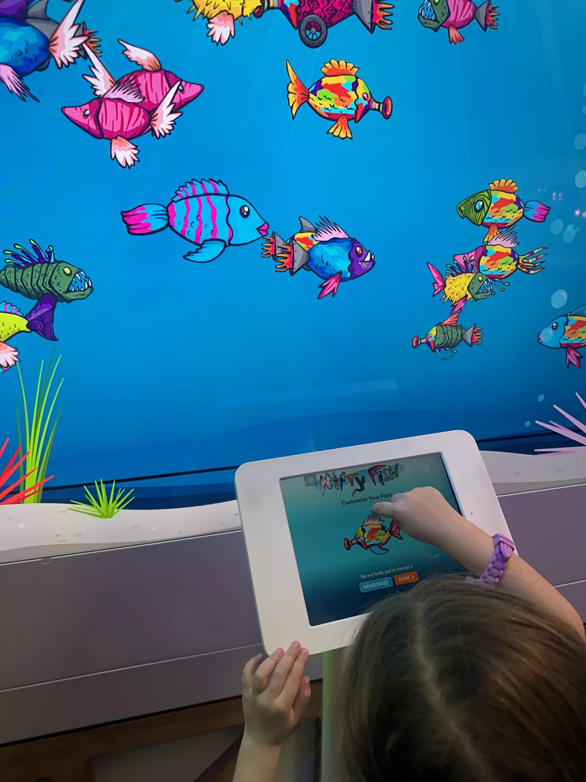 Hier konnten Fische selbst designed und ins Meer geschickt werden Am PC designte Fische werden am großen Bildschirm lebendig