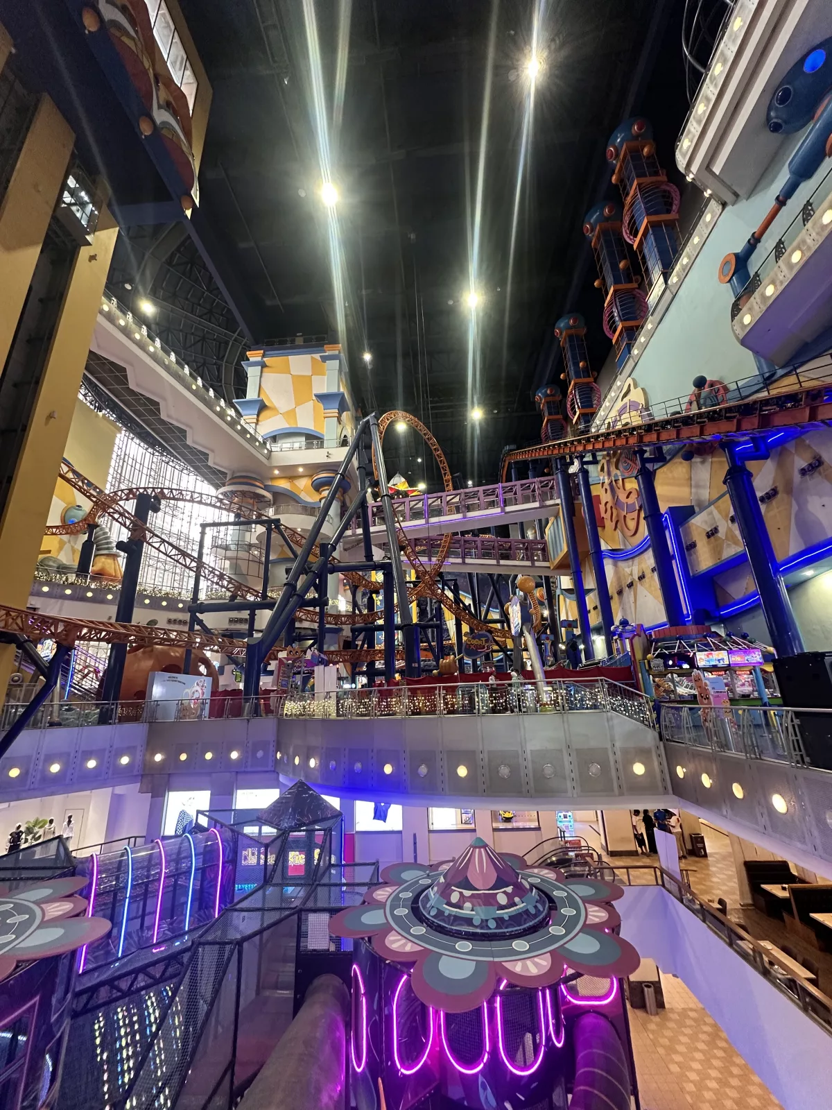 Berjaja Times Square mit Indoor-Achterbahn (oben) und Indoor-Spielplatz (unten) Berjaja Times Square in Kuala Lumpur mit Achterbahn, Indoor-Spielplatz und Fahrgeschäften