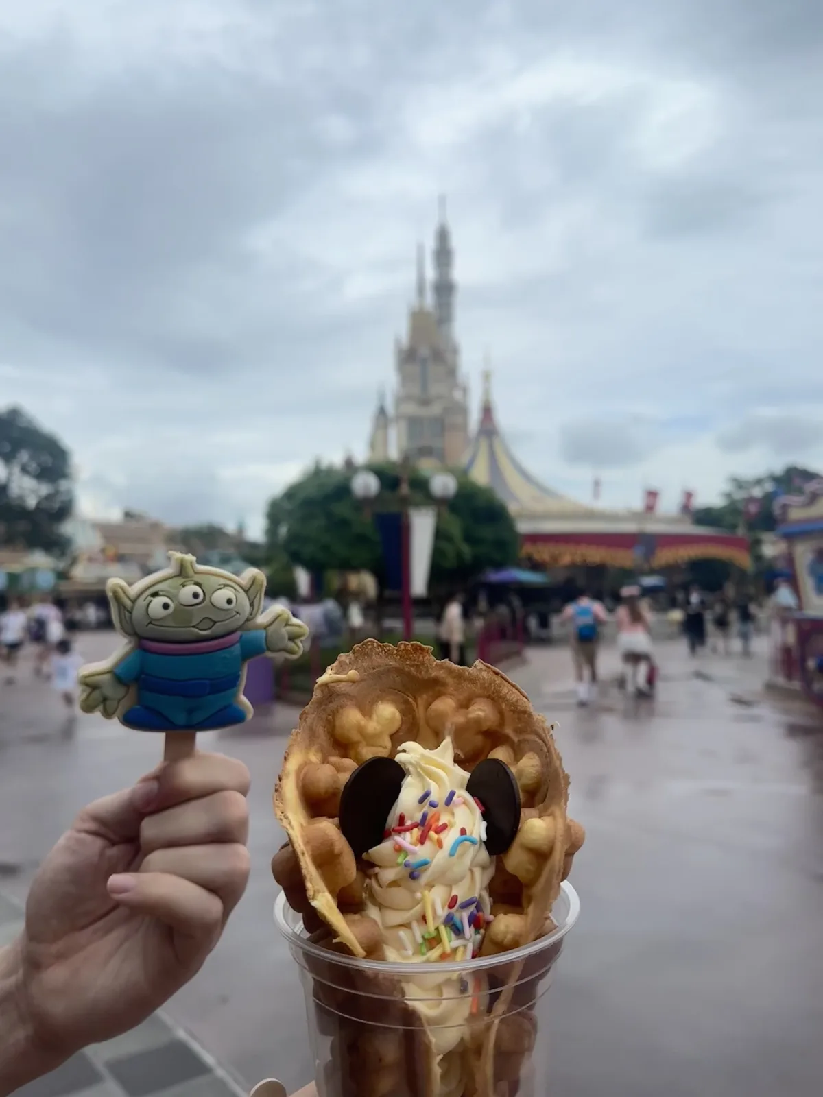 Immer wieder ein Highlight: die Disney-Snacks Disneysnacks vor dem Schloss in Hongkong