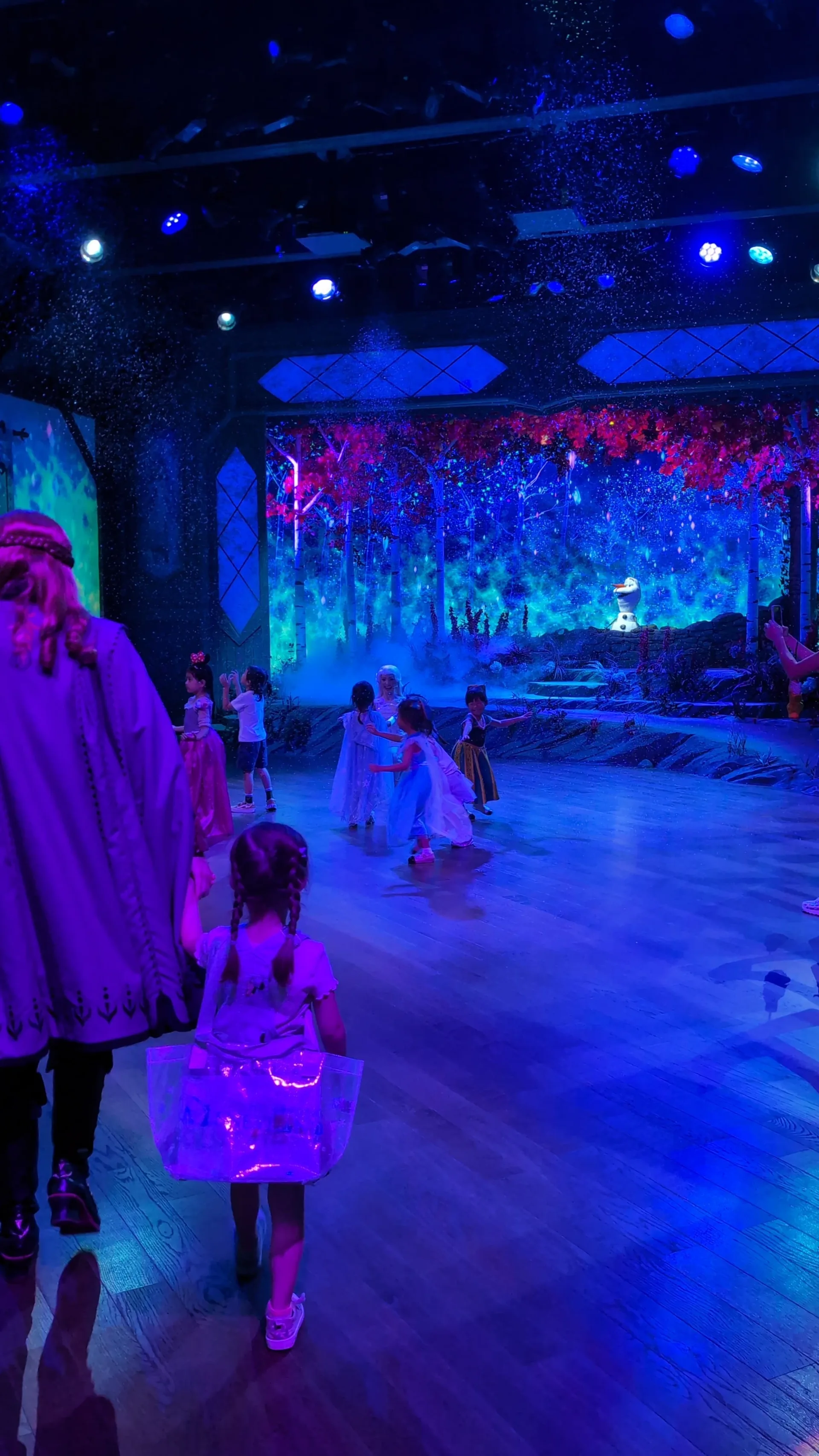 Darstellerinnen Anna und Elsa im Disneyland Hongkong mit Kindern